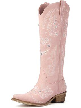 Women's Pink Rubber Knee High Western Cowgirl Sparkly Rhinestone Heeled Boots